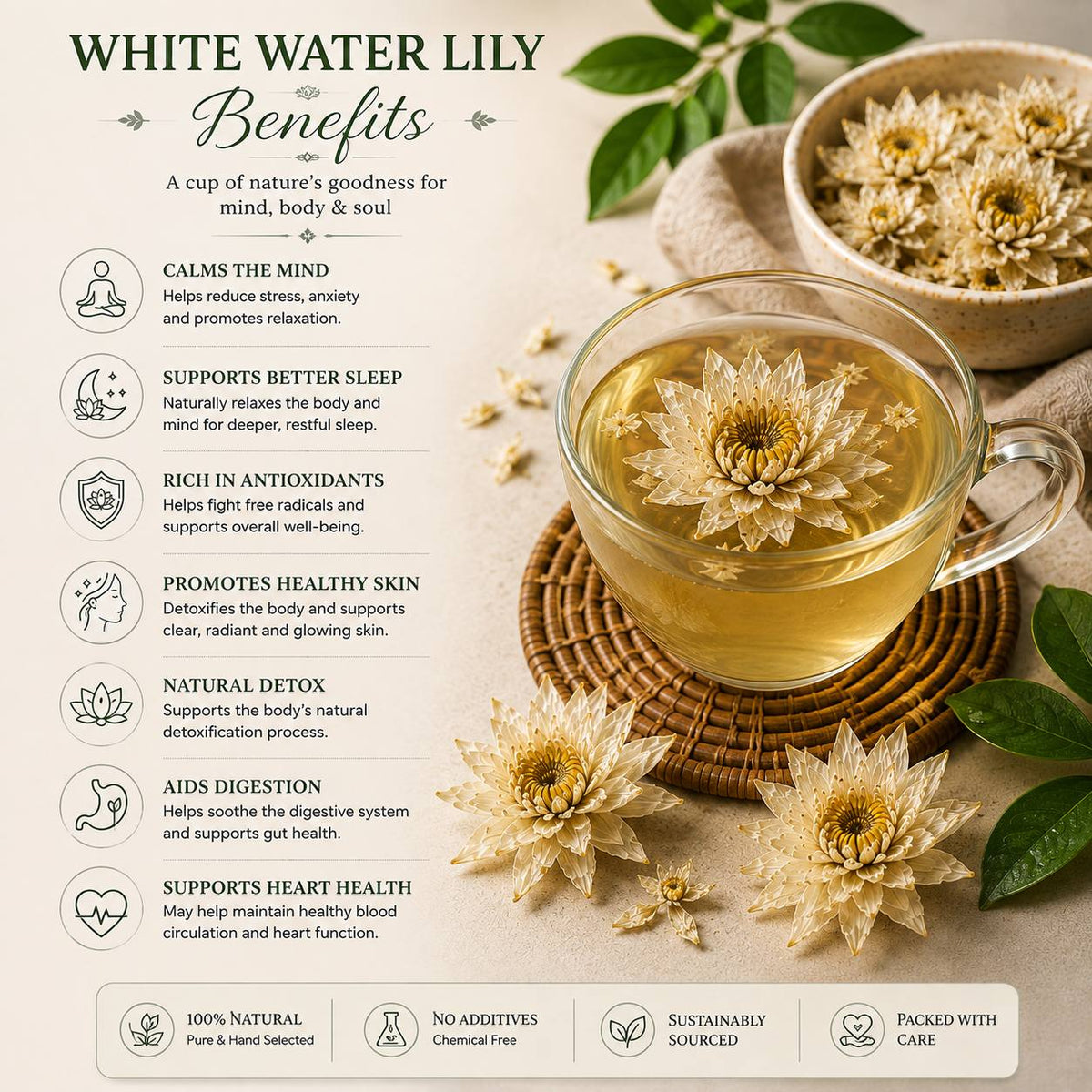 Dried White Water Lily Flowers – Premium Whole Natural Flowers Greenova Ceylon Botanicals