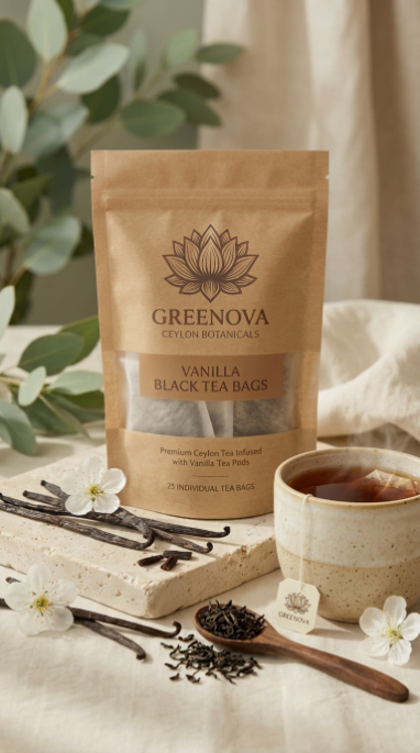 Vanilla Black Tea Bags | Aromatic Vanilla Black Tea | Greenova Ceylon Botanicals 20 tea bags