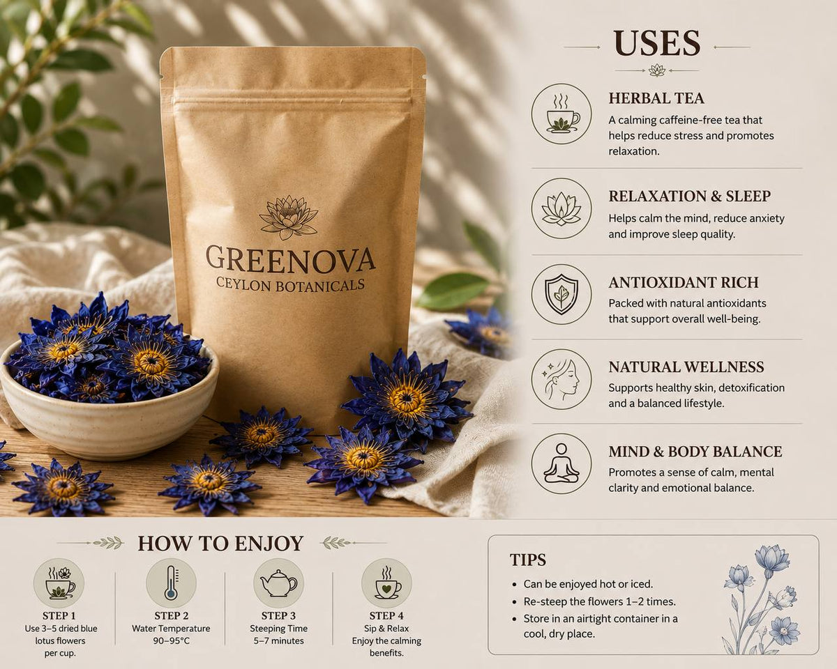 Premium Dehydrated Blue Lotus Flowers Nymphaea caerulea | Greenova Ceylon Botanicals